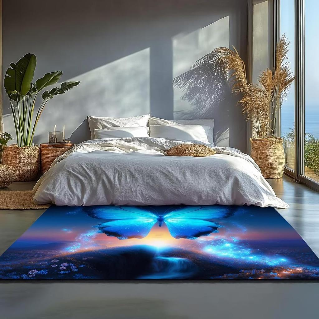 Large Galaxy Butterfly Rug Blue Fantasy Starry Sky Area Rugs Modern Microfiber Non-Slip Washable Living Room Dining Room Bedroom