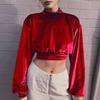 Women High Neck Velvet Crop Top Long Sleeve Pullover Loose Fit Short Length Soft Touch Elegant Simple Style Shirt Blouse