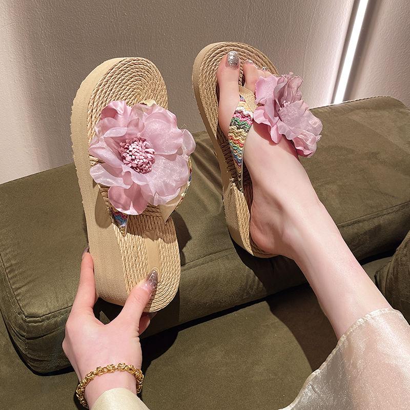 Platform Outside Slides High Up To 5cm Heel Flip Flops Shoes for Women Flowers Sandals 2025 Trend Summer Sale 39 Woman Slippers