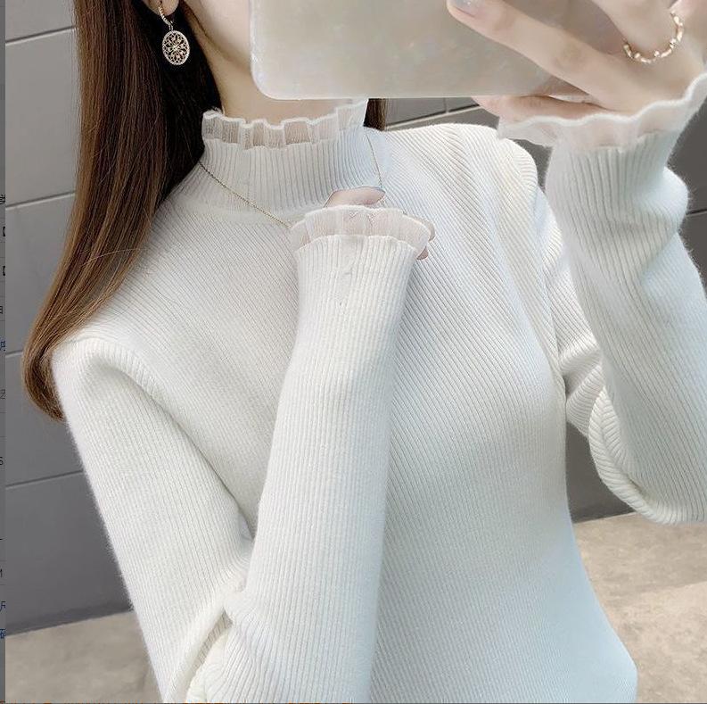 Svetr s polovičním vysokým límcem a silným sametem, Dámský podzimní a zimní sametový pletený svetr s integrovanou krajkovou hranou