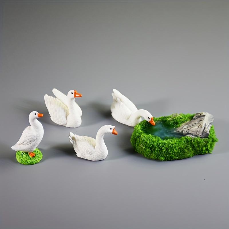 5PCS Miniature White Goose Family Resin Figurines - Serene Pond Scene with 3 Geese & Rockery, Perfect for Garden Landscaping, Bonsai