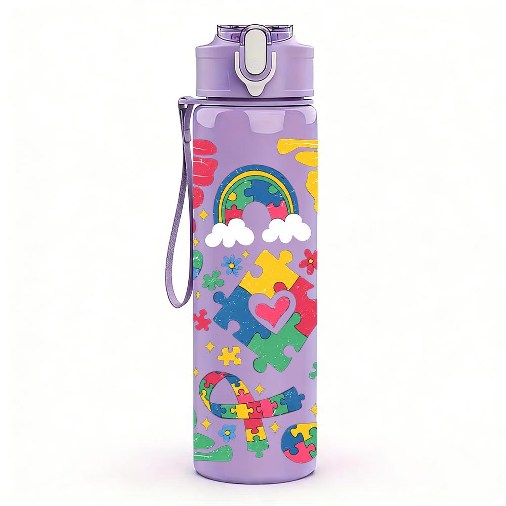 1PC Rainbow Flower Abstract Layout 750ml Color Plastic Water Bottle Leakproof Flip Straw Lid For Sports Office Home Use
