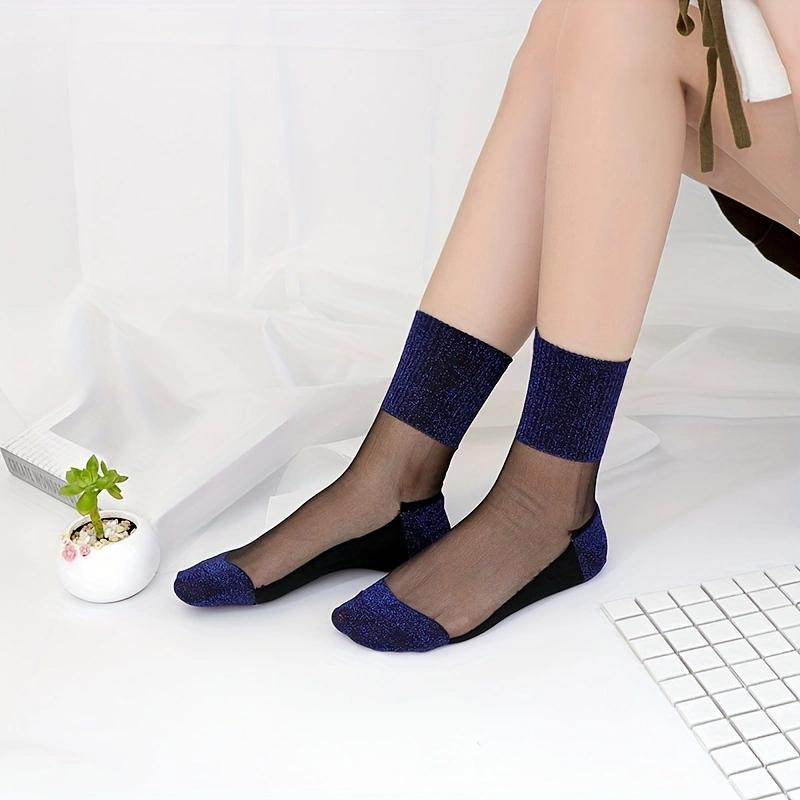 1/2/3/4/5Pairs Blue Shiny Detail Socks,Colorblock Sheer Mesh Mid Tube Socks, Women's Stockings & Hosier