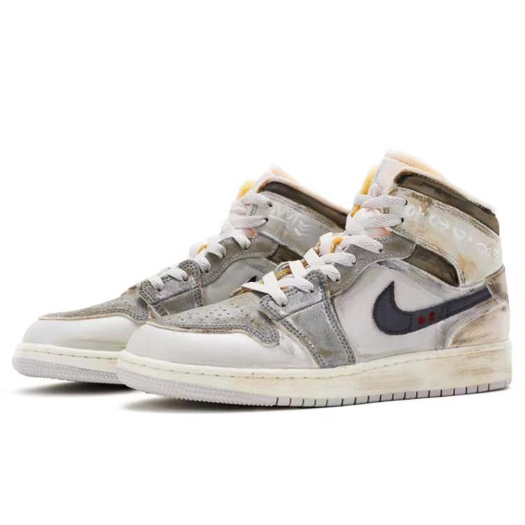 Jordan Air Jordan 1 Mid Cushioning Slip Resistant Abrasion Resistant High top Basketball Shoes Men's Gray White Brown DM9652-100(Teamr-)