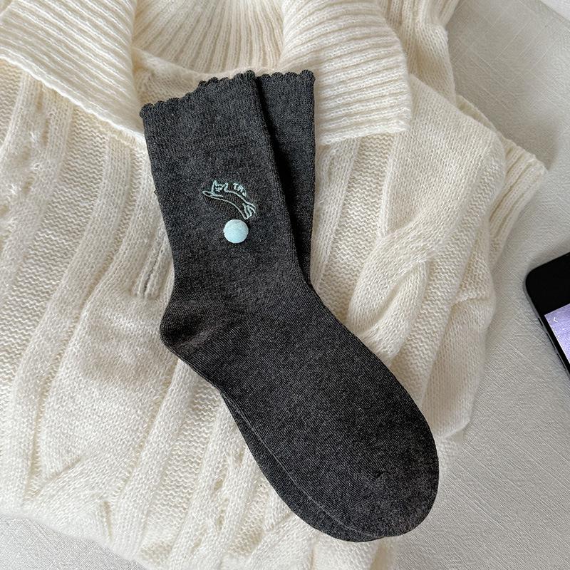 

Japanese Style Embroidered Lace Cat Socks - Cute Ruffle Mid-Calf, Women s Trendy Autumn/Winter Versatile Design One Size темно-серого