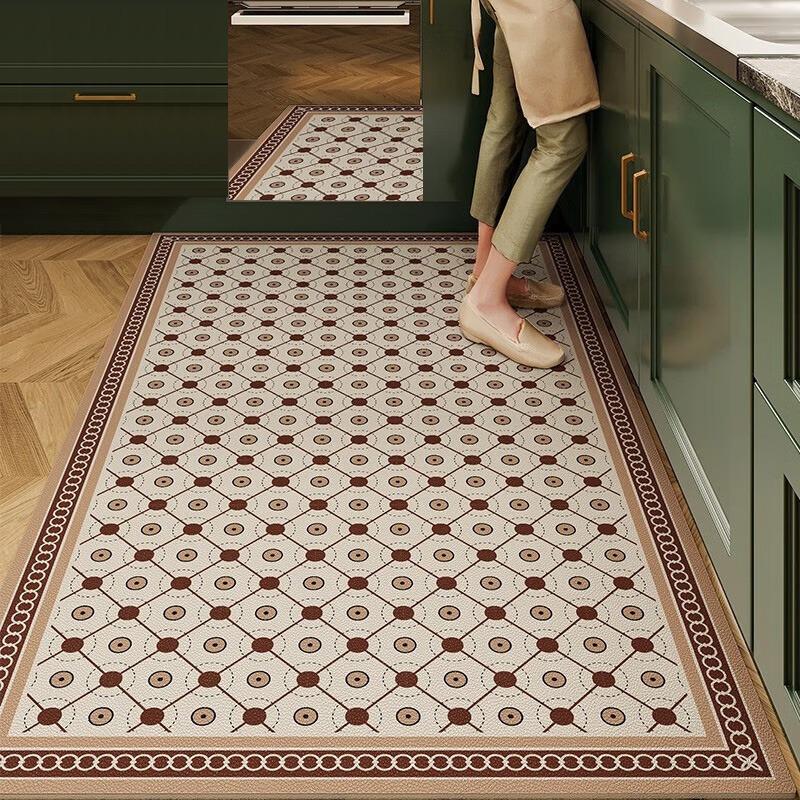 Kitchen Carpet Pvc Waterproof Non-slip Floor Mat Retro American Style Home Decoration Rug Plaid Plant Flower Anti-oil Carpets