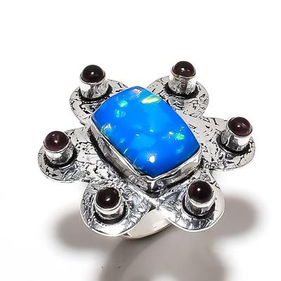 Natural Blue Triplet Opal, Amethyst 925 Sterling Silver Ring Size 10 h1M26