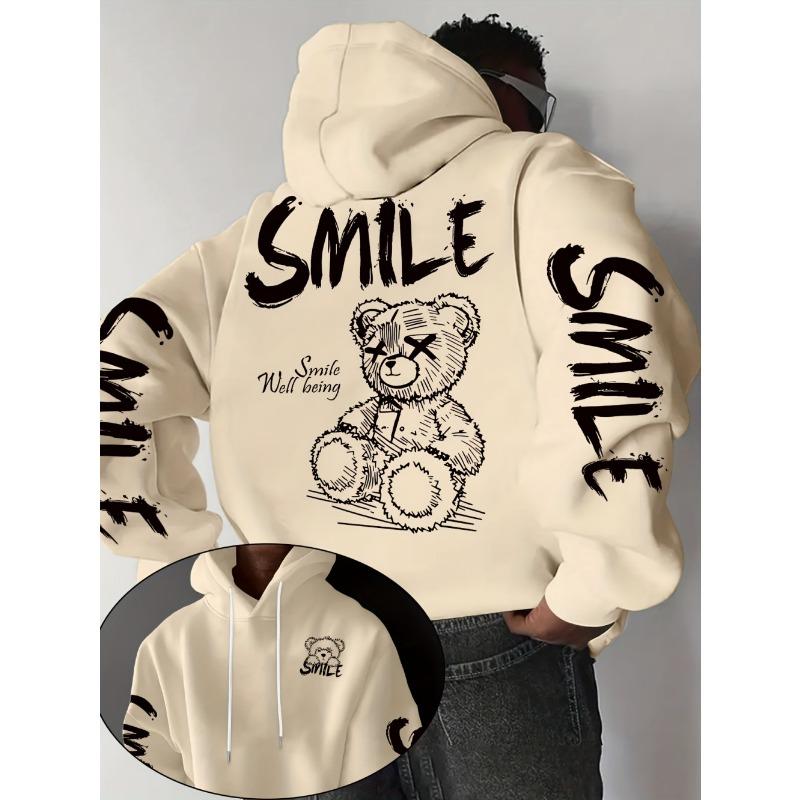 European and American Men's Autumn Fashion Letter Teddy Bear Print Soft and Comfortable Hooded Sweatshirt Outdoor Street Top
