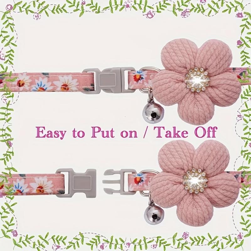 Floral Dog Collar with 3D Flower Charm and Detachable Bells - Suitable for Small Dogs and Cats, Soft Adjustable Polyester Pet Collar