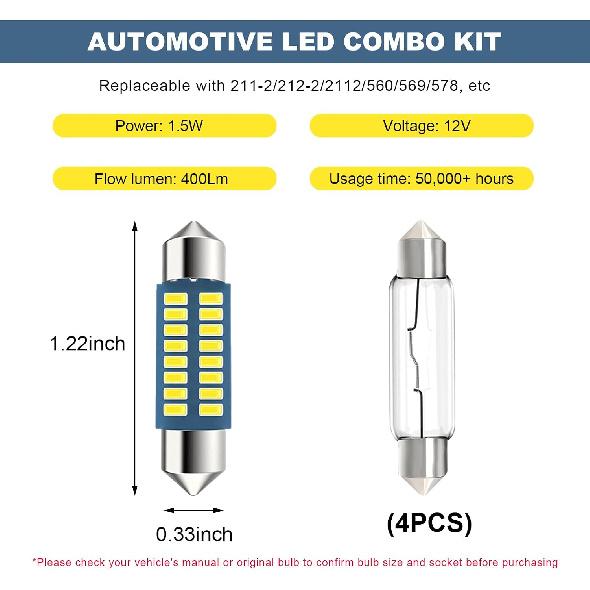 4 PCS LED Bulbs for Car, 31mm 36mm 42mm LED Bulbs Vehicle Interior Dome Map Trunk Lights, 6000K 400LM White Super Bright Festoon Light Replacement