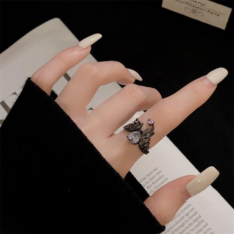 Dark Vintage Raven Purple Zircon Punk High Sense Open Ring Snake Ring Niche Design Index Finger Ring