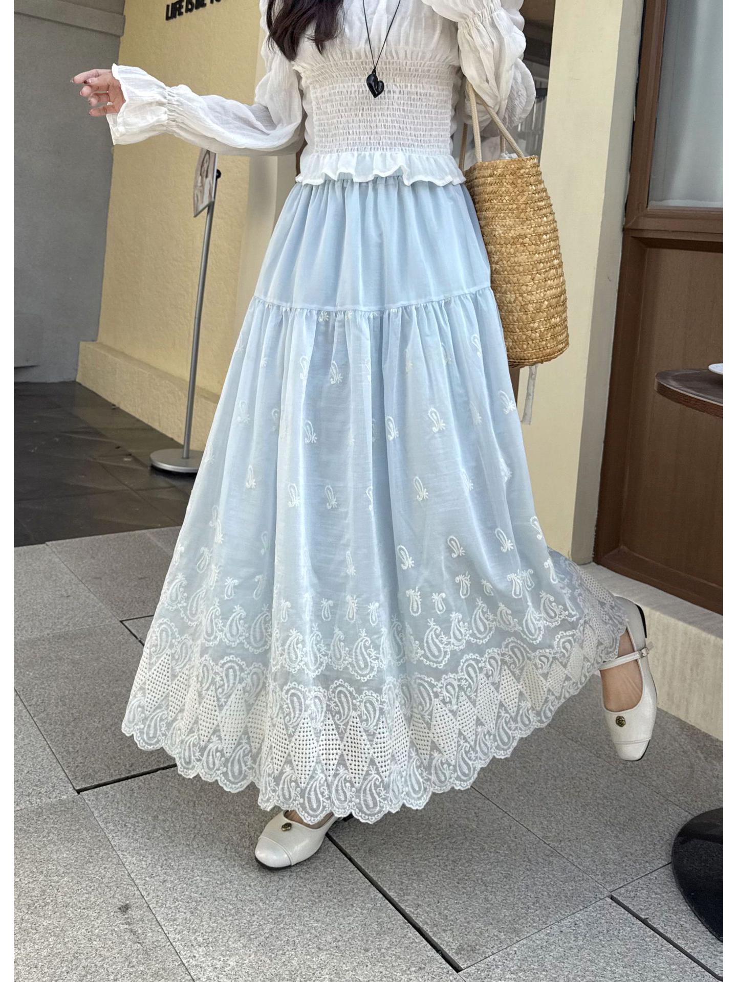 

French Fairy Embroidery High-Waist Slim Dress with Cinched A-Line Skirt One Size синий