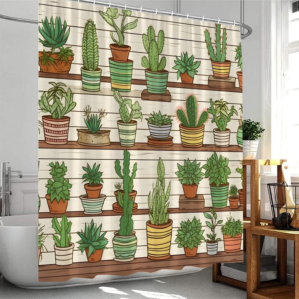Mexican Style Shower Curtains Cartoon Tropical plants Cactus Bathroom Decor Polyester Fabric Bath Curtain with Hooks Washable