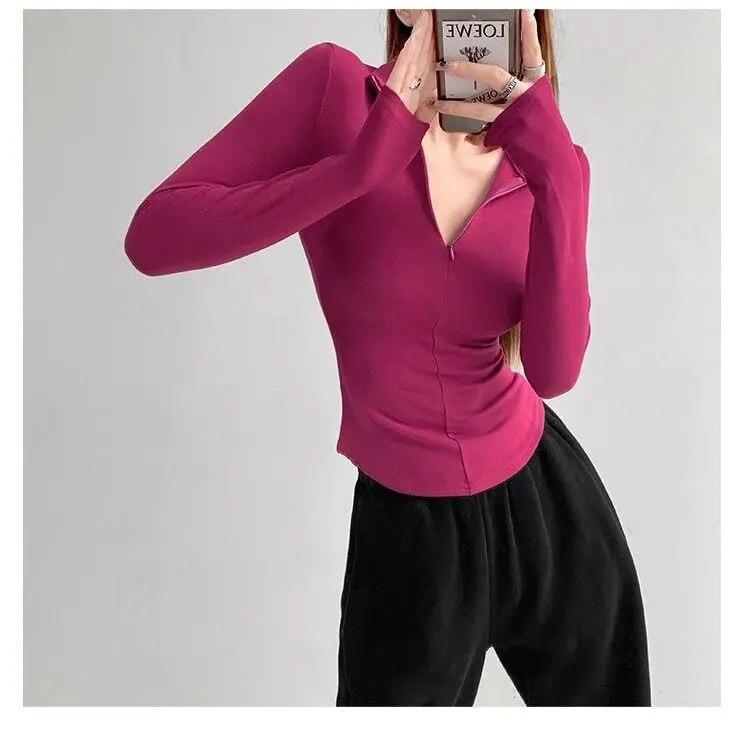 Elastic Tight Sexy Lapel Long Sleeve T-shirt Women Hottie Turndown Collar Slim Undershirt Inside Velveteen Sports Shirt Casual