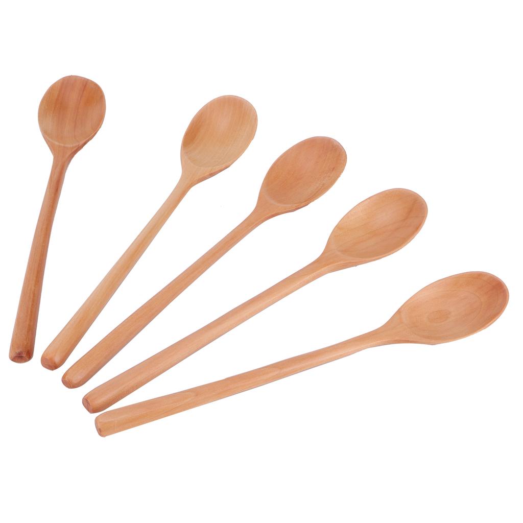 5PCS Wooden Spoon with Long Handle Soup Spoon for Barbecue Camping Party Home KitchenWood Color