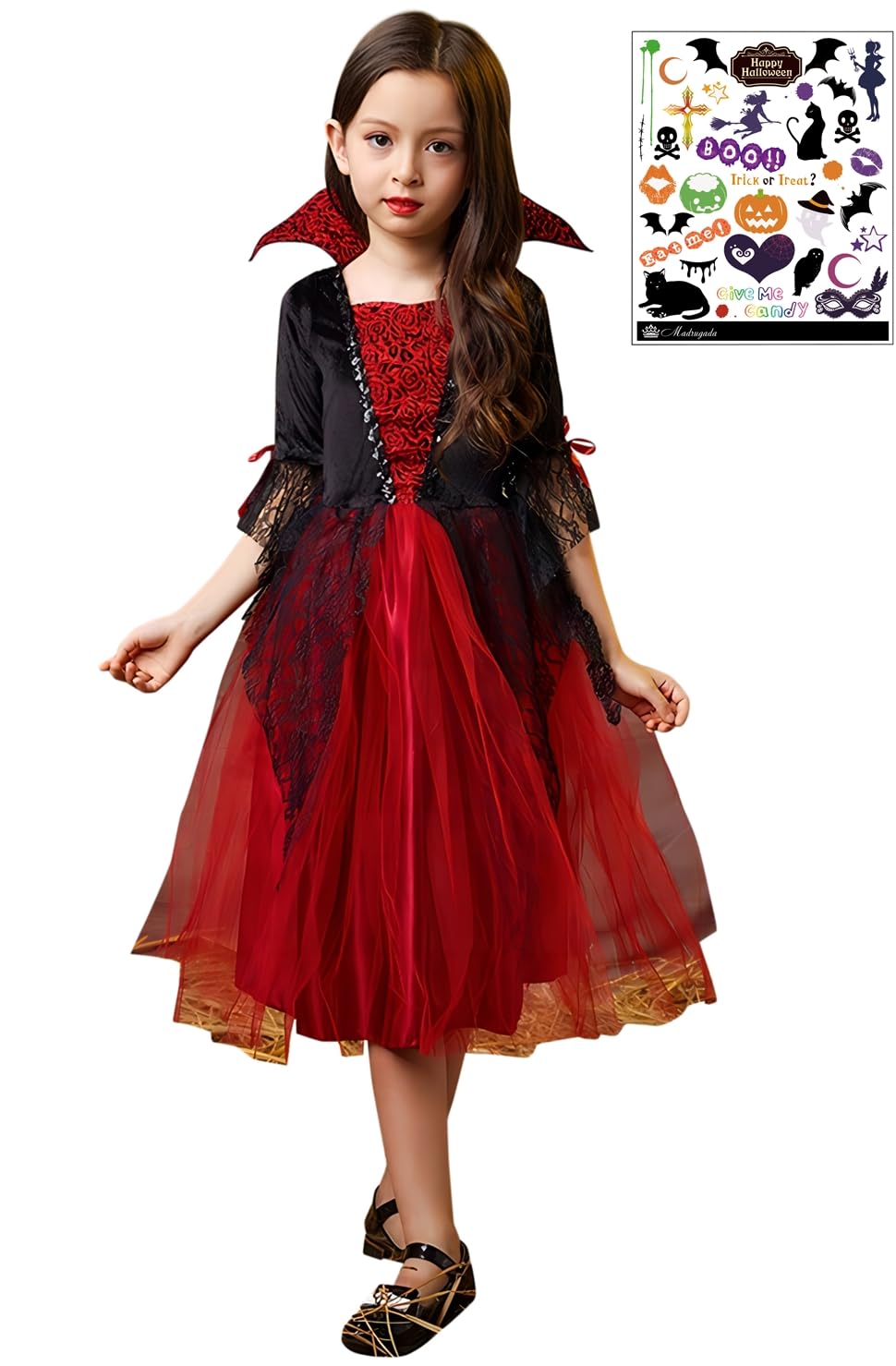 

Vampire Witch Cosplay Halloween Tattoo Sticker Set of 2 Kids Costume Girls S797 [Madrugada] Children s (120cm)