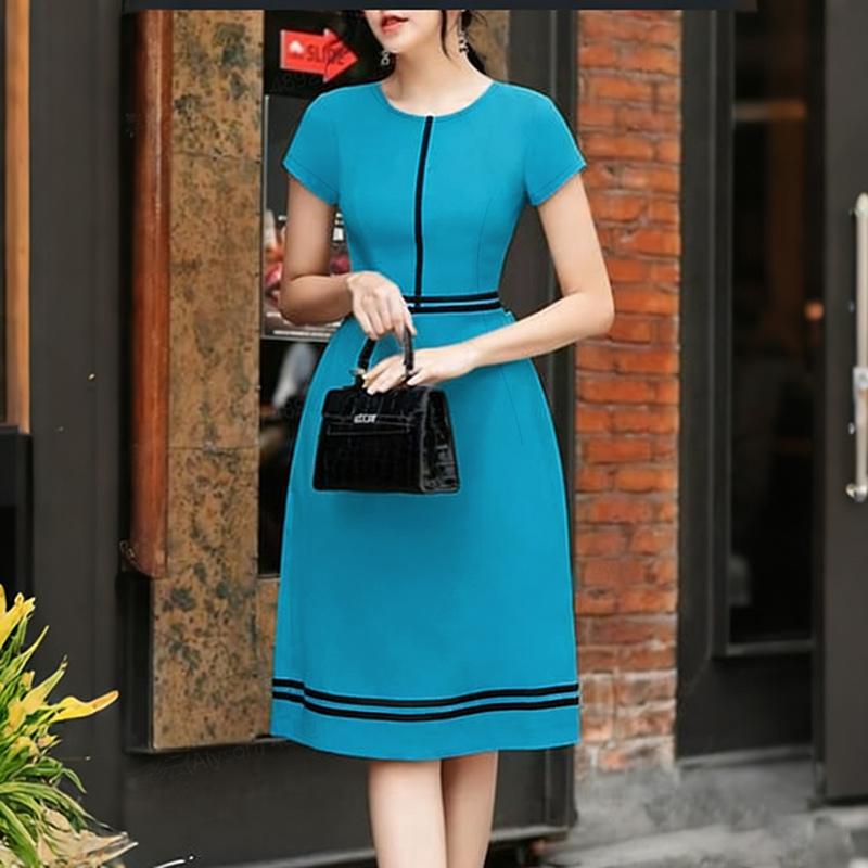 ZANZEA Women Casual Round Neck Short Sleeve Splice A-line Dress