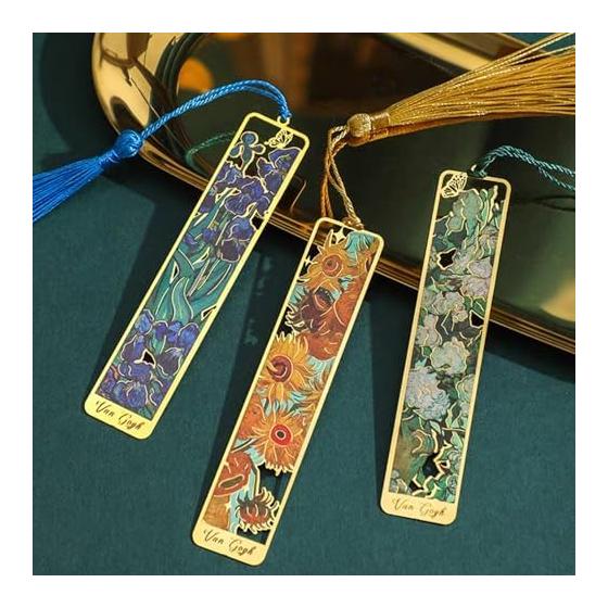 Elegant Metal Bookmarks with Tassels - Set of 6, Featuring Famous Paintings (Van Gogh) - Unique Gifts for Book Lovers, Teachers, Friends, and
