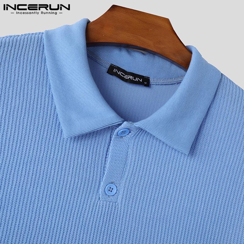 INCERUN Men Lapel Neck Solid Color Stitching Texture Casual T-shirt Tops