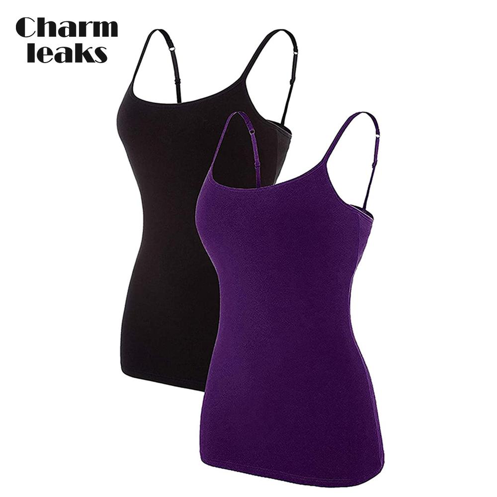 CHARMLEAKS Damska bawełniana koszulka na ramiączkach Bielizna damska Bielizna nocna Undies Biustonosz z półką Solidny, podstawowy podkoszulek Zestaw 2 sztuk