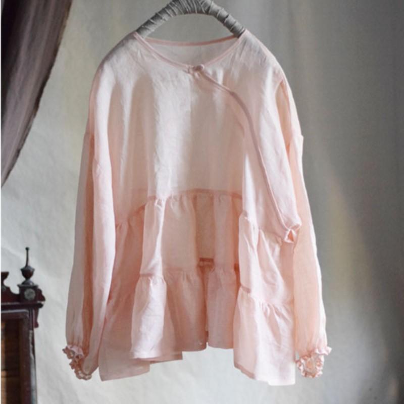 

Johnature Women Patchwork Solid Color Thin Summer O-Neck Long Sleeve Vintage Female Shirts One Size светло-розовый