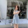 French Sweet Blue and White Plaid Lace-up Sleeveless Bow V-neck Dress Women's New Short Skirt Temperament Pleated Skirt