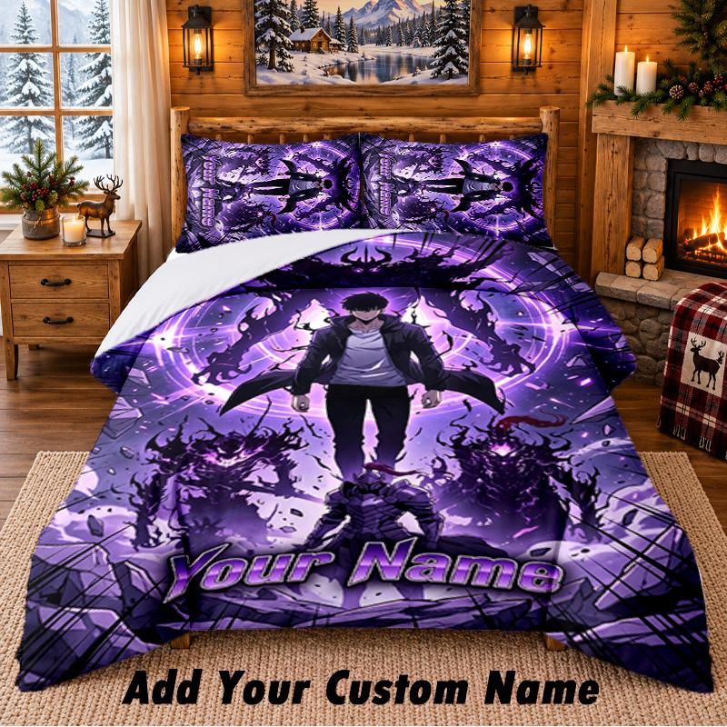 Solo Leveling Custom Name 3Pcs Bedding Set 1 Bed Sheet 2 Pillowcases Bedroom Home Decor