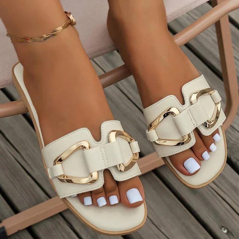 Fashion Women Metal Decor Single Band Flat Sandals Fashion Sexy Open Toe Outdoors Slides Luxurious Office Ladies Party Female Shoes