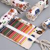 12/24/36/48 Holes Multifunctional Pencil Bag Canvas Pencil Case Lovely Animal Pencil Roll Canvas Pencil Wrap for Artists