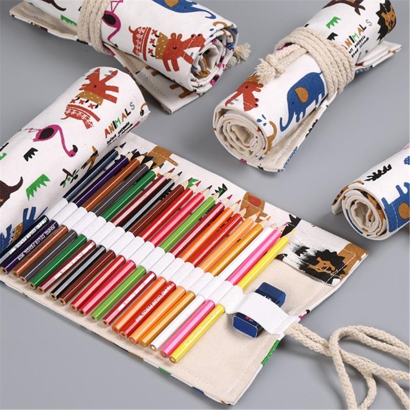 12/24/36/48 Holes Multifunctional Pencil Bag Canvas Pencil Case Lovely Animal Pencil Roll Canvas Pencil Wrap for Artists