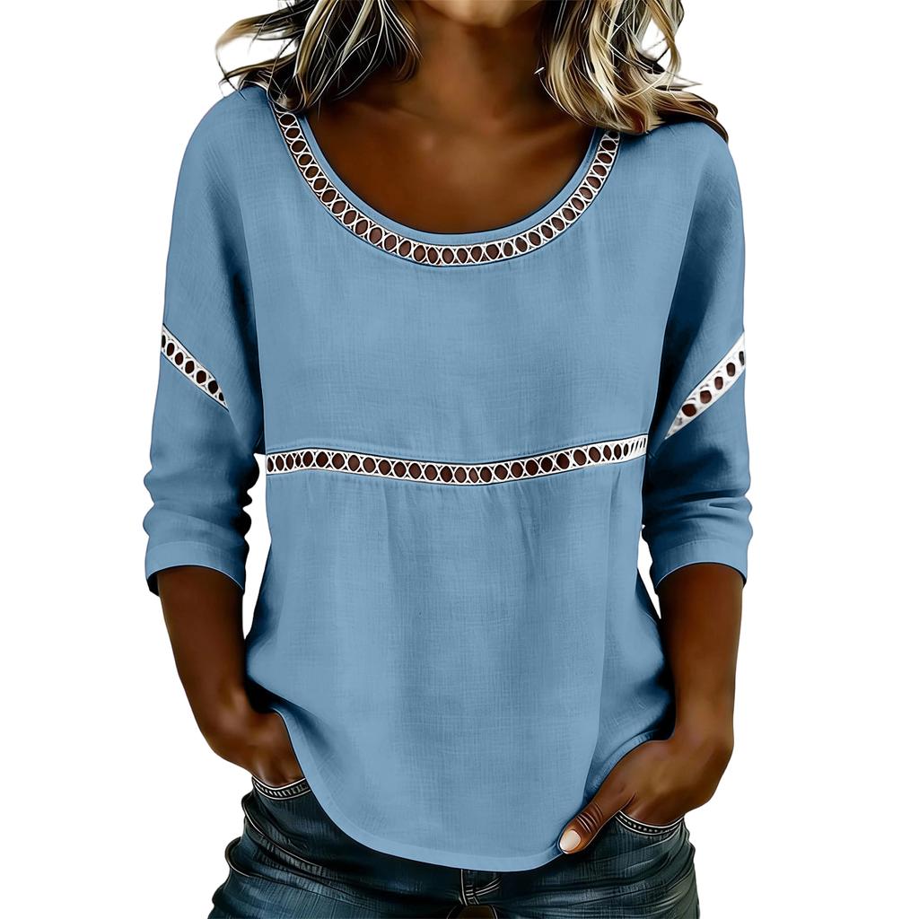 Women’s Casual Loose Fit Blouse with Hollow Out Trim Detailing Long Sleeve Round Neck Lightweight Pullover Top Shirt