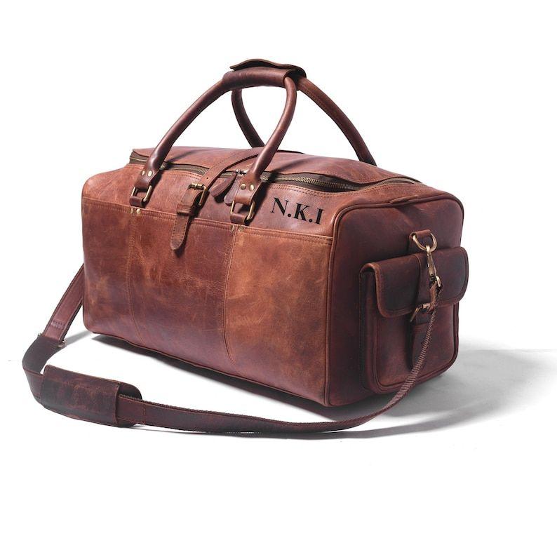 Personalised Handmade Full Grain Leather Duffle Bag Laser Engraved Weekend Holdall Overnight Carry-on Bag Leather Travel Gift Set For Him