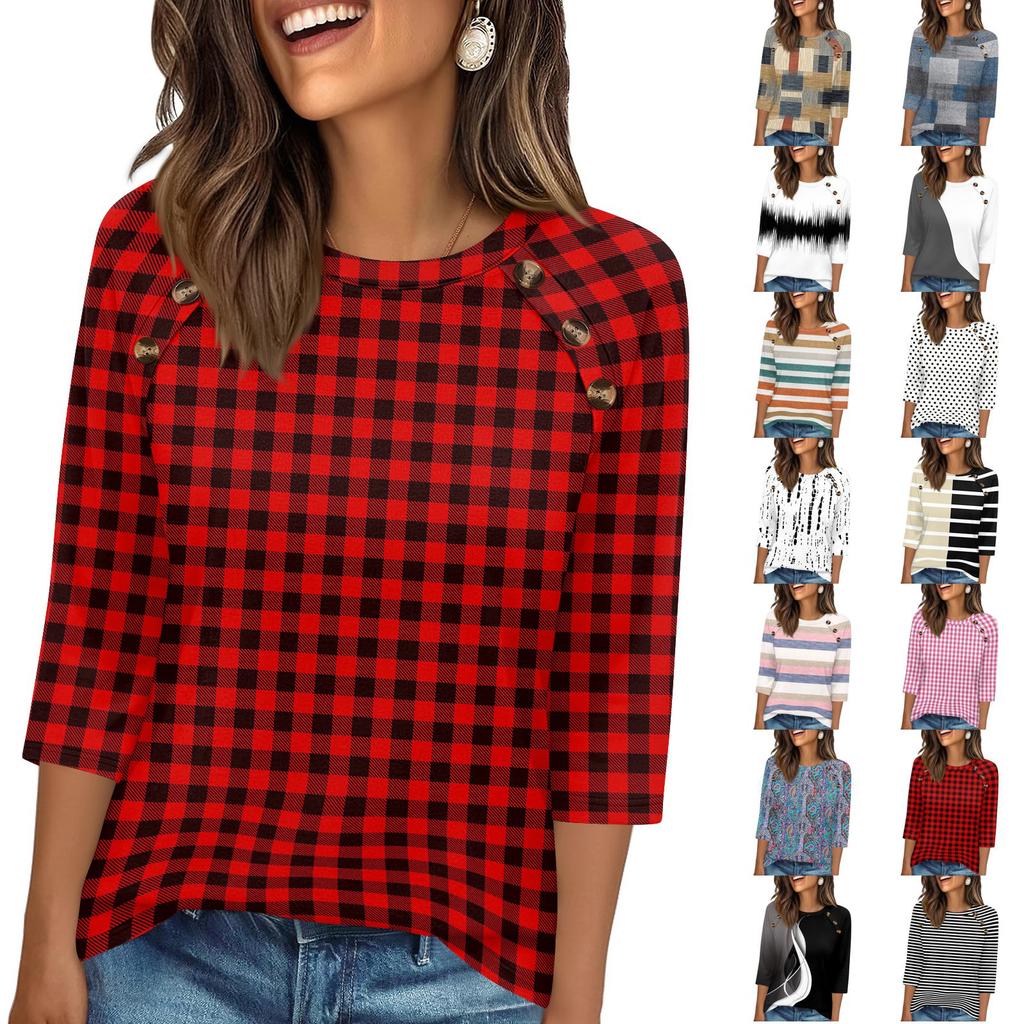 Women 34 Sleeve Crew Neck Button Decor Top Geometric Pattern Casual Loose Fit Blouse for Daily Wear Office Travel