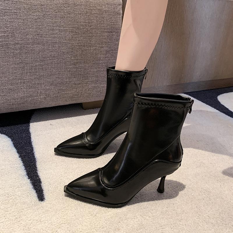 High-heeled short boots women's 2025 autumn and winter new Korean versatile pointed ankle boots thin boots French retro brown short boots