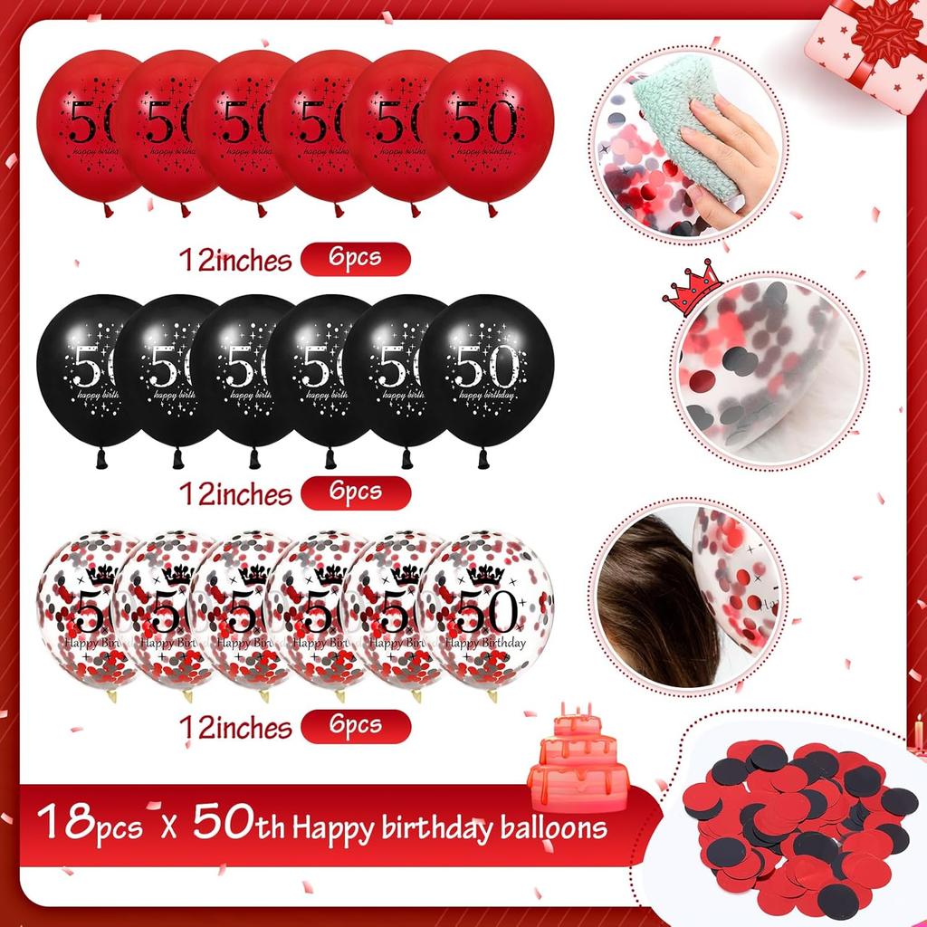 Red 50th Birthday Party Decorations for Women Men Red Black Balloons Banner Supplies Happy 50th Birthday Door Cover Banner and 18pcs Latex Balloons