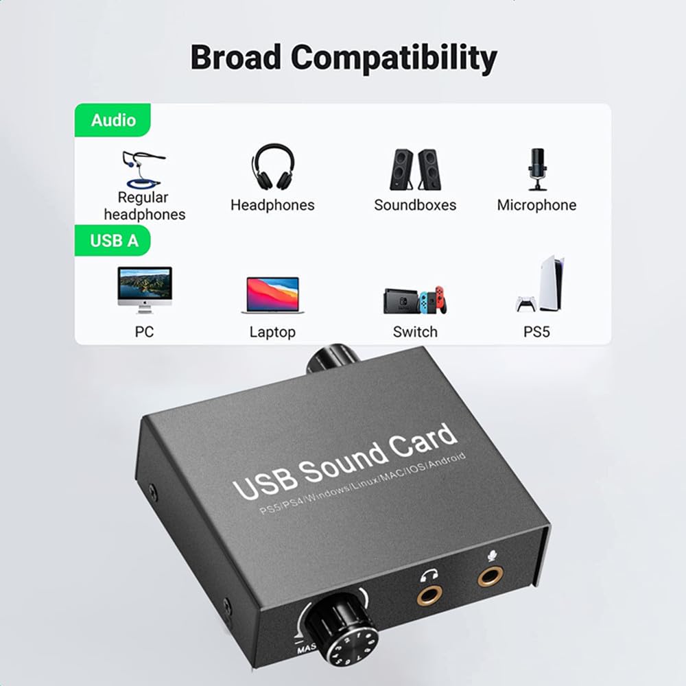 H.May 2.0 USB Sound Card, 3.5mm Port, USB Driver Free Audible Sound, Compatible with PS5, Computers, Pads, Smartphones, Etc. External Constant Top
