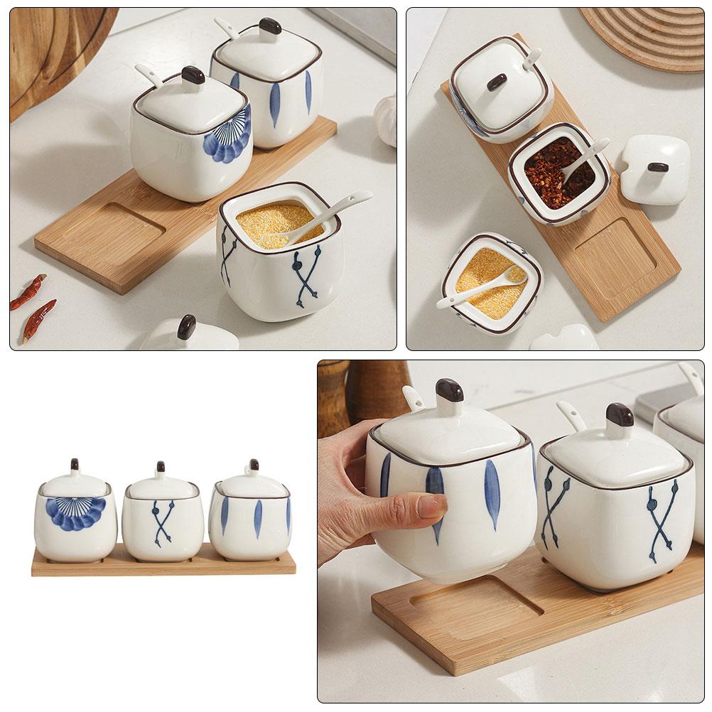 Kořenka Třídílná Sada Nádoba se Lžičkou Keramické Misky Víčka Podnos na Koření Nádoby na Sůl a Cukr