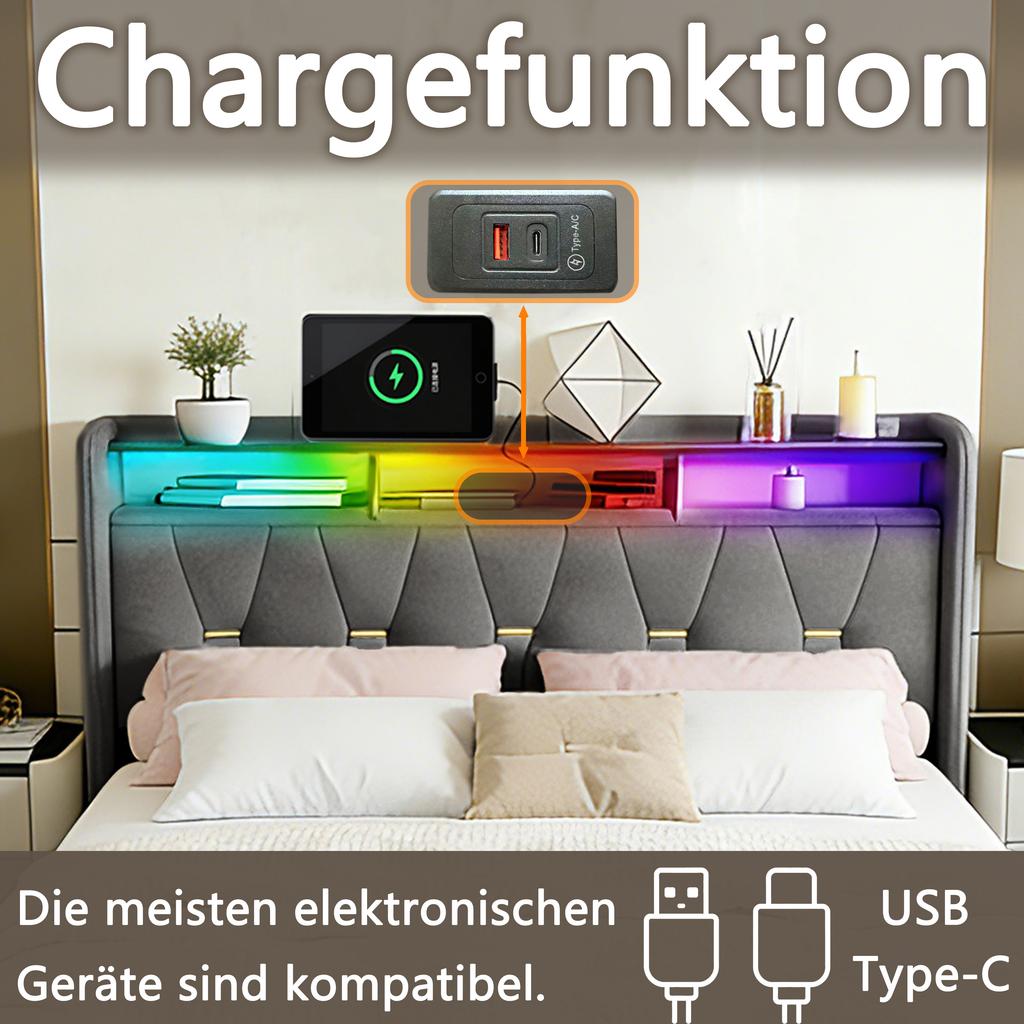 Linen Upholstered Bed,Features LED Strip, USB & Type-C Charging, Drawers, Headboard Shelf, and Wood Slats,Gray.