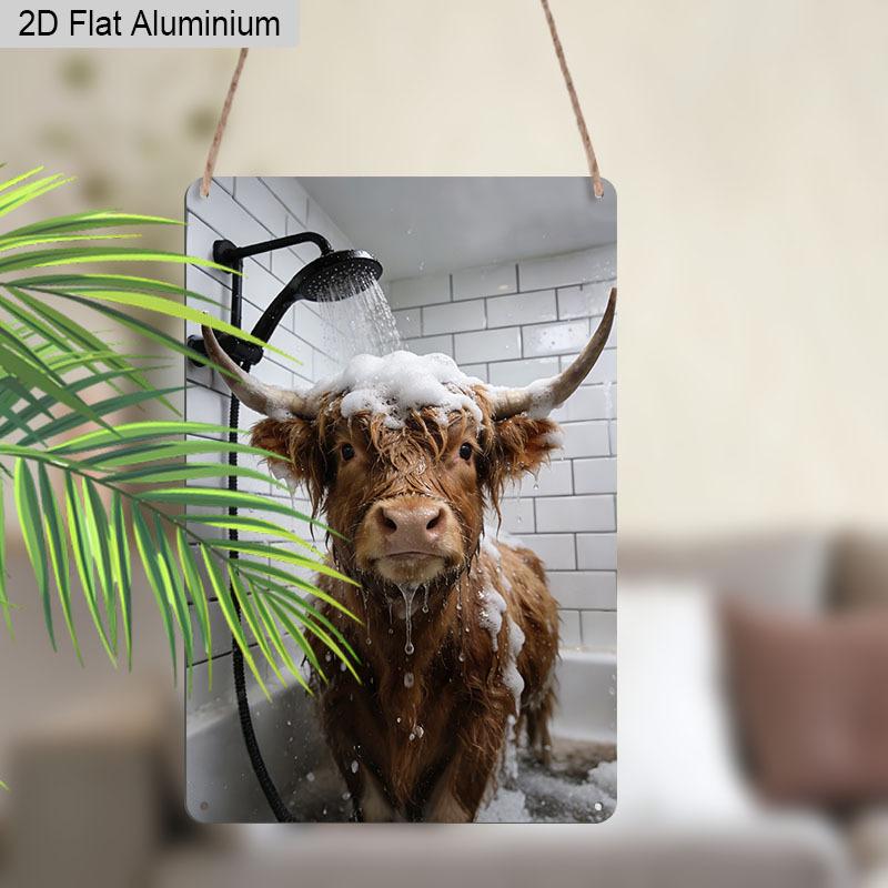 2D Flat, 1pc Funny Highland Cow In Shower Aluminium Metal Wall Decor Sign - 8"x12" Humorous Bathroom Decor, Cute Highland Cattle Bathtub Wall Art
