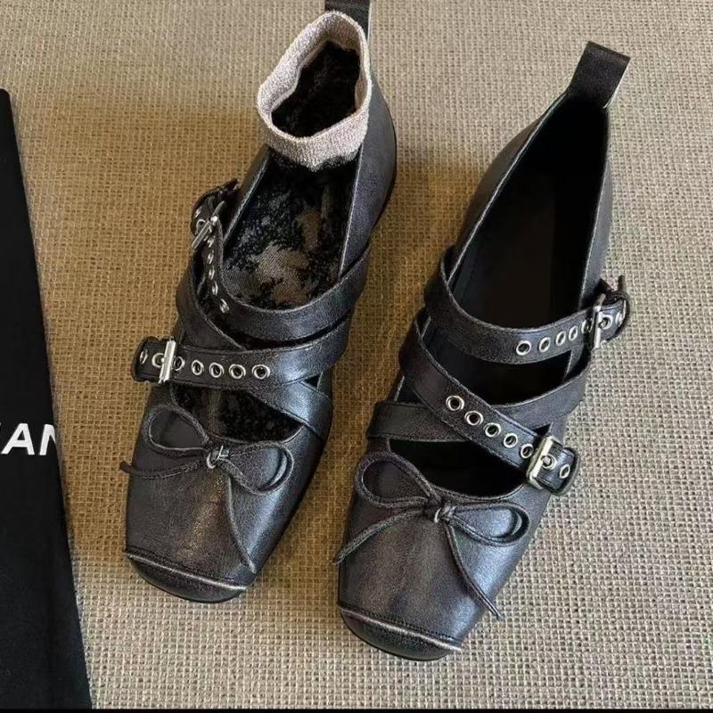 Retro Women's Shoes 2026 Spring Autumn Cross Tied Buckle French Bow Low Help Flat Shoes Non Slip Square Toe Mary Jane Shoes