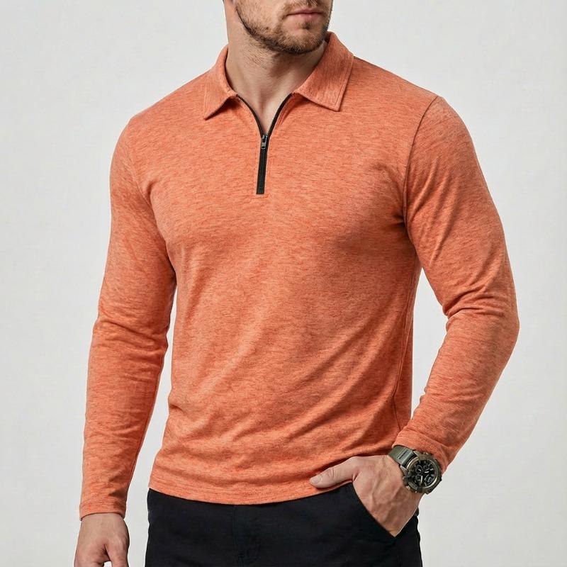Men Turn Down Collar Half Zip Long Sleeve Polo Shirt Slim Fit Solid Casual Business Tops