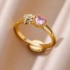 New Fashion One-piece Two-wear Sweet Double Heart Pink Zirconium K Gold Ring Women's Personality Colorful Double-sided Ring