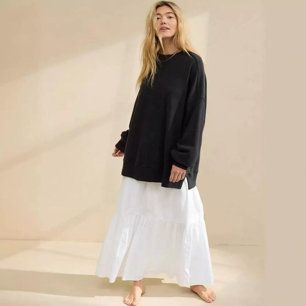 Basic Sweatshirt For Women With Knit Cotton Fabric And Long Lantern Sleeves For Casual Streetwear