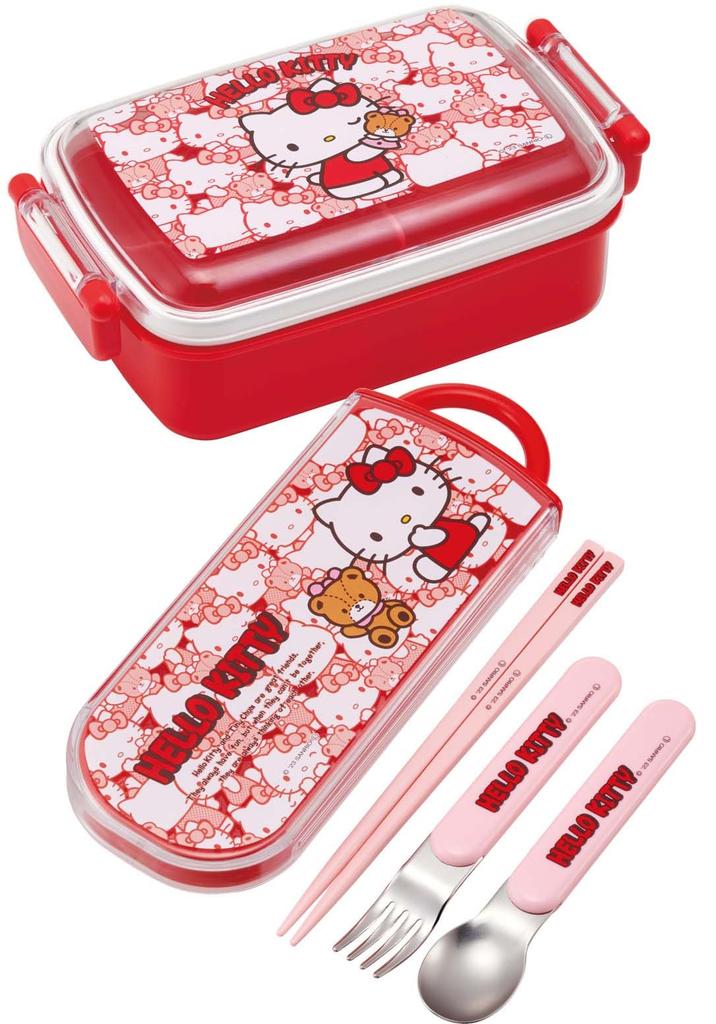 Skater Lunch Box Trio Set Hello For Made in Chopsticks, Spoon, Fork, Kitty, Ushirou-shiro, Sanrio, Children, Antibacterial, Easy-to-open Slide-type,