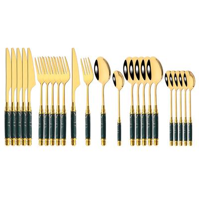 24-teiliges Besteck-Set mit Keramikgriff, Edelstahl-Besteck-Set, goldfarben, hochglanzpoliert, Messer, Gabel, Dessertlöffel, Geschirr für Zuhause und Hotel