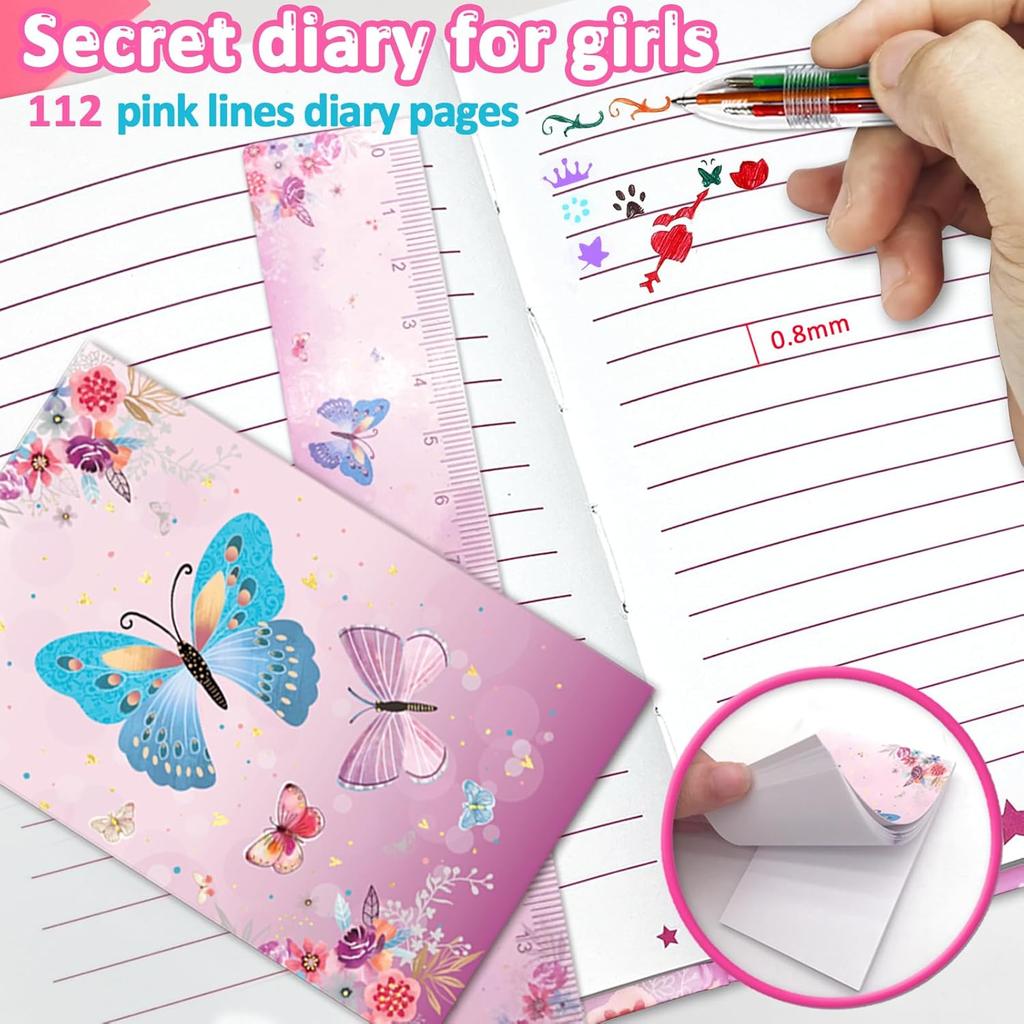 Butterfly Girls Diary with Lock, Set of Diary for Girls Incl. Kids Journal with Lock & Pen (6-Multicolor) Memo Ruler Sharpener Eraser Pink Girls