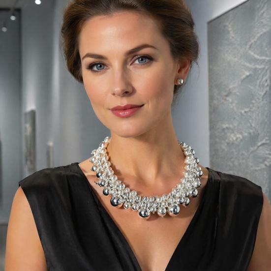 Vintage Faux Pearl Necklace 1 Set Chunky Jewelry, Beaded Choker And V-neck Accessory Earrings, Metallic for Women Dinner Parties Wedding Statement