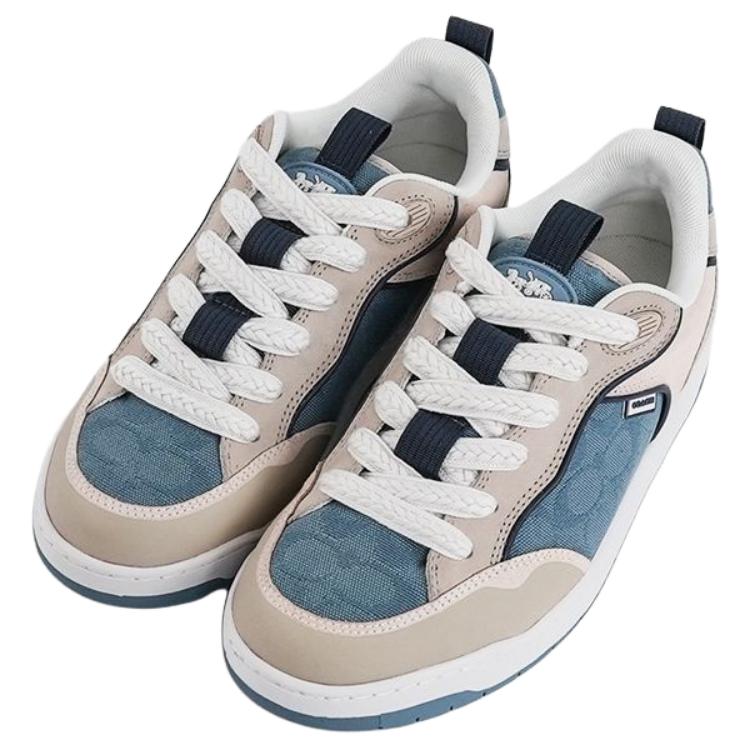 Coach C023 Sneaker Fabric Cow Split Leather Round Toe Lace-Up Low-Top Skate Shoes Women sneaker Gray Blue CAX35-XUK