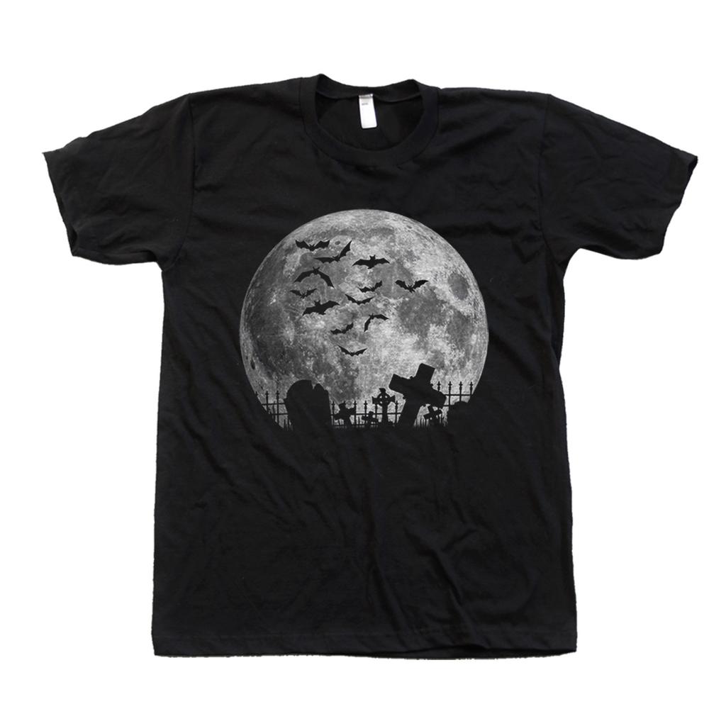 Full Moon Halloween T-Shirt Bats Graveyard Screen Print Retro Streetwear High-quality Crew-neck Short-sleeved Men's T-shirt