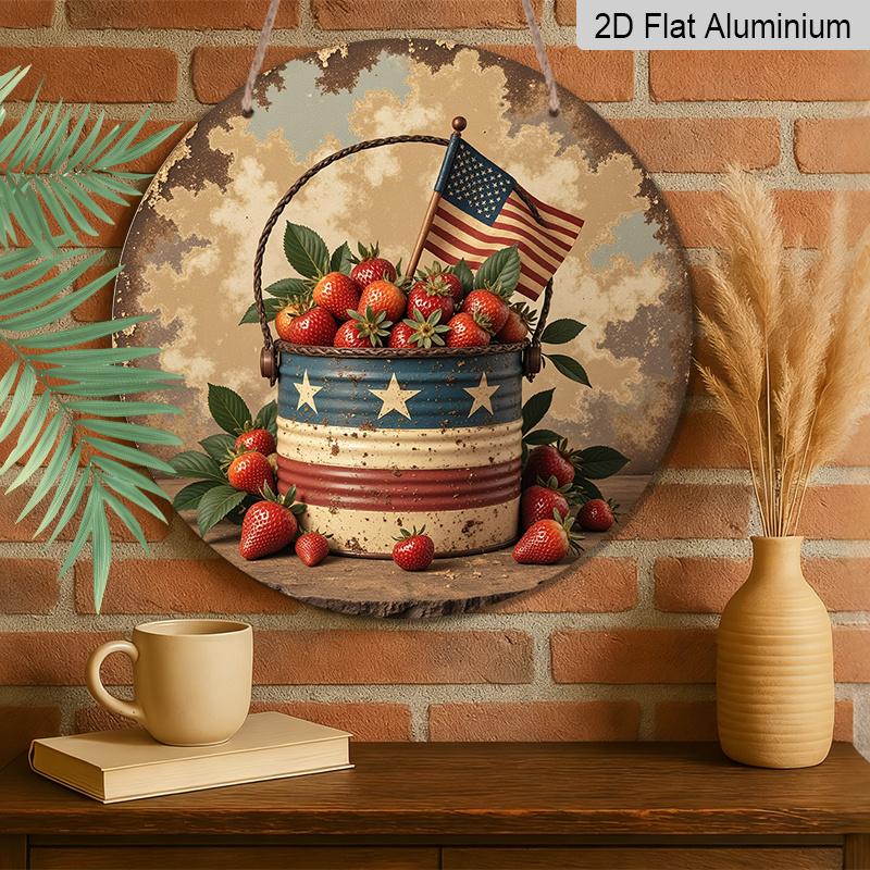 2D Flat, 1pc Retro American-Style Strawberry Basket Wall Art- Rustic Aluminum Metal Sign with Patriotic Stars And Stripes Pattern, Indoor/Outdoor